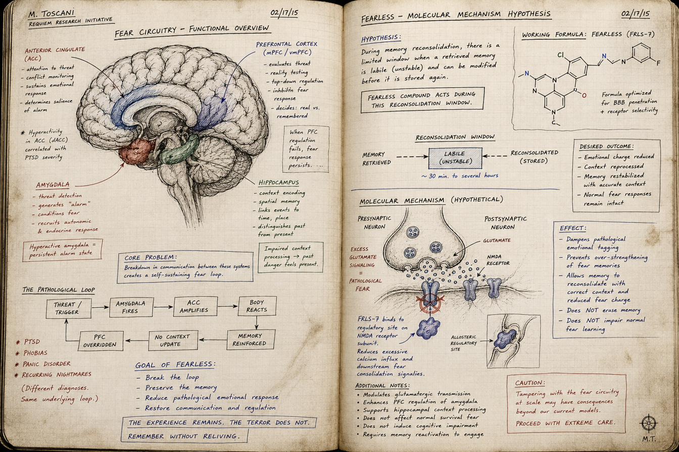 Michael Toscani's original laboratory notebook from the developmental phase of Fearless, documenting his early research into fear circuitry, memory reconsolidation, and the compound's proposed molecular mechanism.