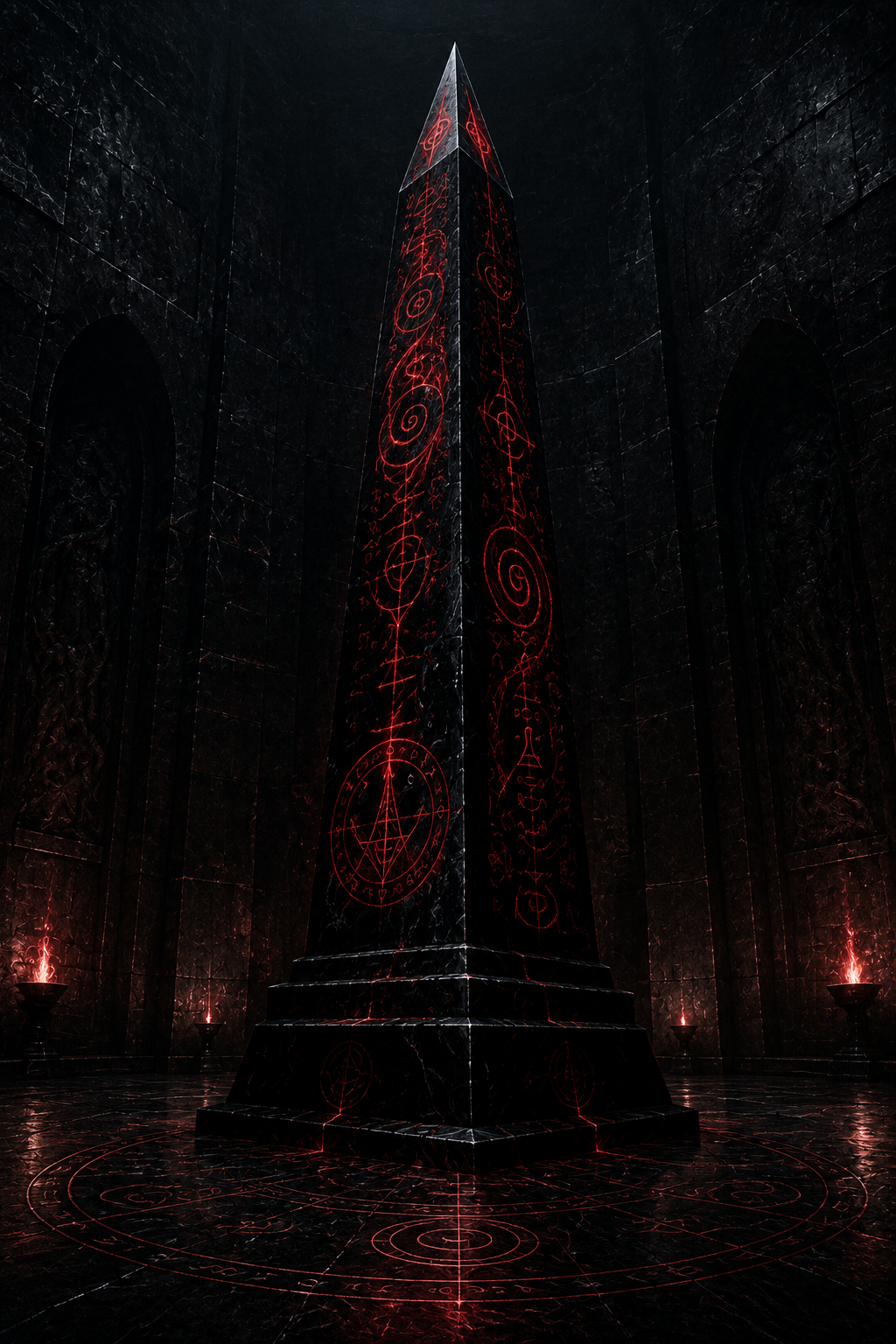 The Nyxgate Obelisk, a towering black monolith etched with glowing crimson symbols, stands alone within the dark inner sanctum of Requiem Estate.