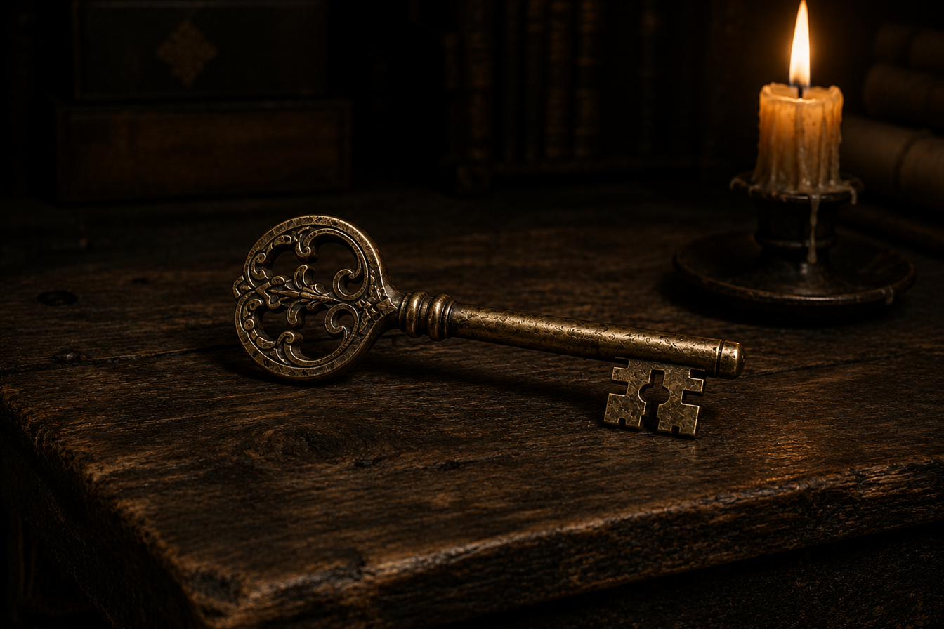 An aged brass key displayed as a historical artifact on a weathered wooden table illuminated by candlelight, showcasing the ornate filigree, worn brass, and distinctive design linked to the mysteries of Requiem Estate.