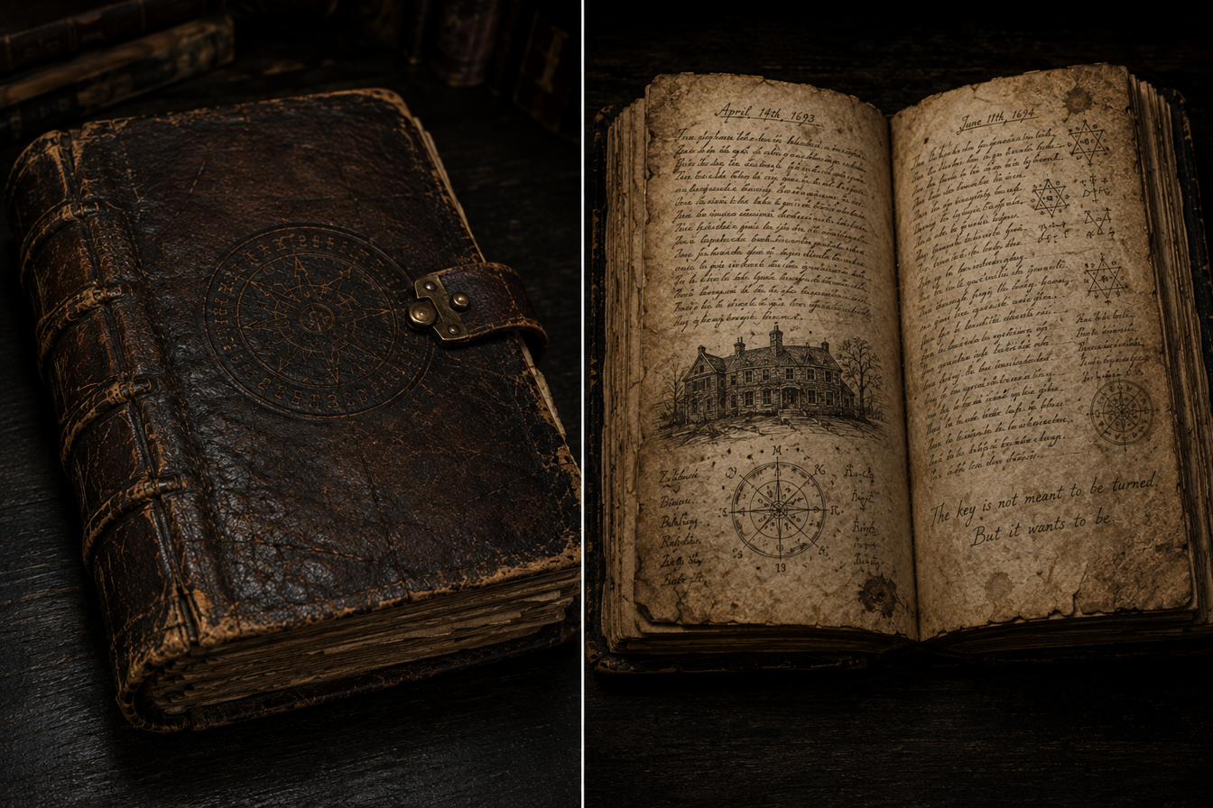 Edmund Whitmore's centuries-old leather journal, its weathered pages filled with handwritten accounts, cryptic symbols, sketches of Requiem Estate, and the ominous warning: “The key is not meant to be turned. But it wants to be.”